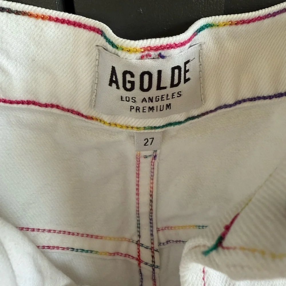 Agolde 27 Jaden Cut Off Short in White Space w/ rainbow stitch
